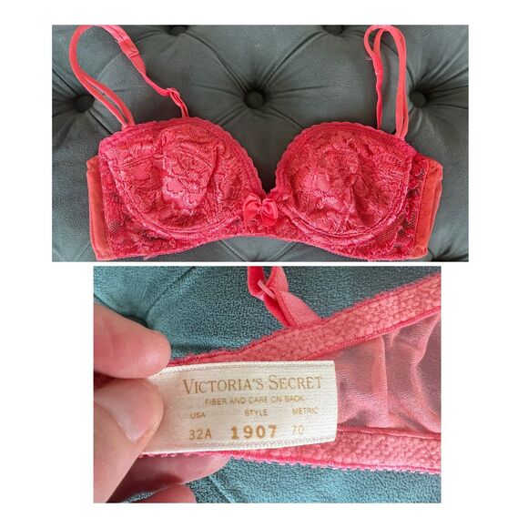 Victoria Secret Gold Label Vintage Pink Nylon Lace Bra Size 32A 1907 70 - Picture 1 of 6